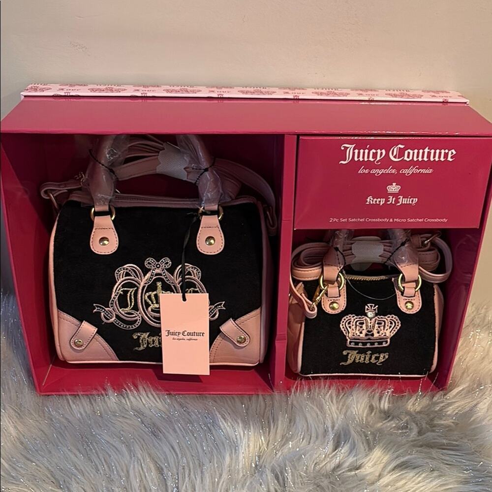 BNWT JUICY COUTURE Black and Pink Lovers Club Satchel Set Mommy and Me Gift Box